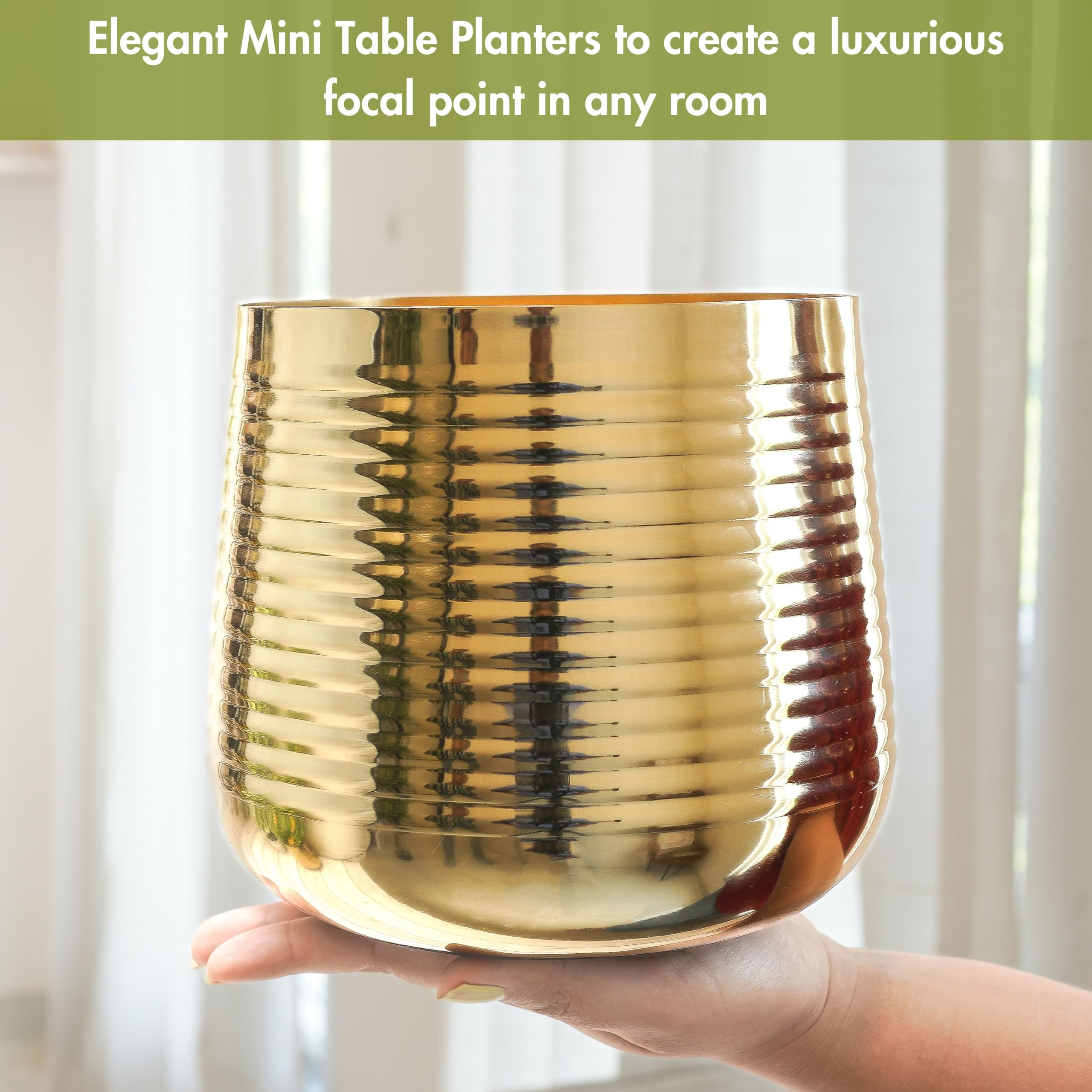 BEHOMA Metal Ribbed Design Planter for Home, Golden