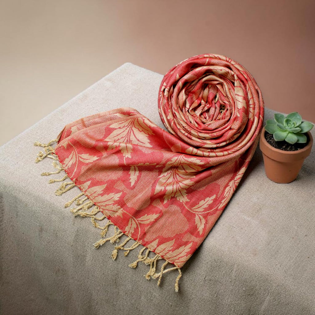 STOLE STUDIO Embellished Leaf Luxurious Viscose Stole Scarf (Beige/Red)