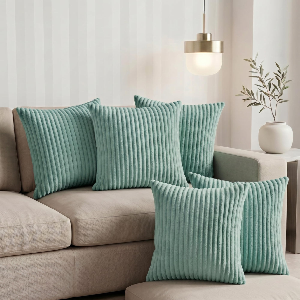 Yellow Weaves Pencil-Stripe Fur Cushion Covers | Soft Polyester | Decorative Sofa & Throw Pillow Covers | 16x16 Inches, Pack of 5 (Sea Green)