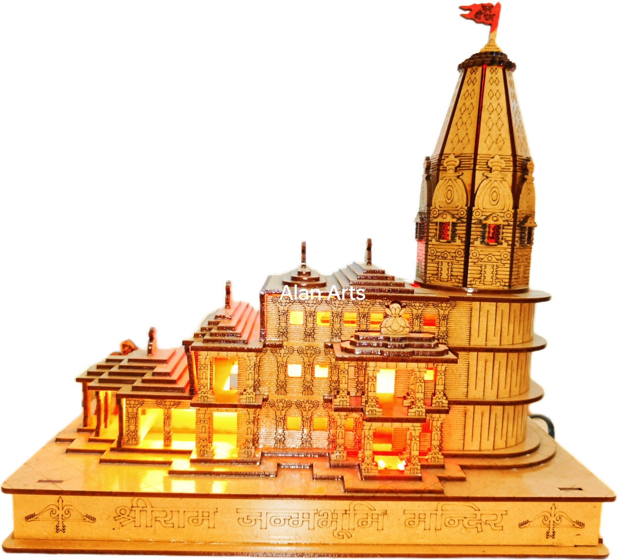 Ram Mandir Ayodhya Mandir with Light, Ram Lala Murti Inside, High Gloss Polished (Size 11x6x11 Inches)