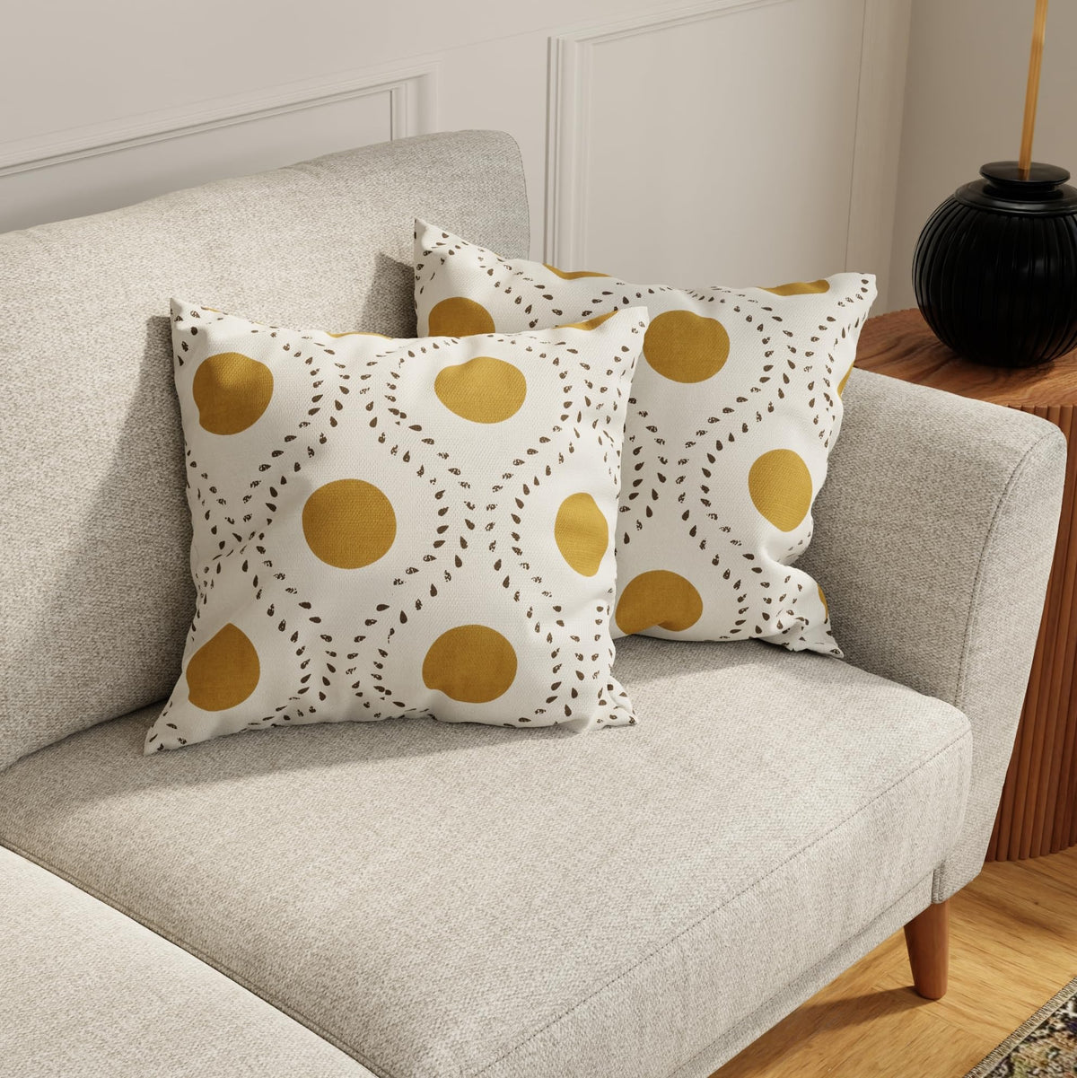 HUESLAND Premium Cotton Cushion Cover 12 inch x 12 inch | Decorative Square Throw Pillow Covers Set for Sofa, Living Room & Bedroom | Set of 5 | Natural, Golden Ochre & Bistre