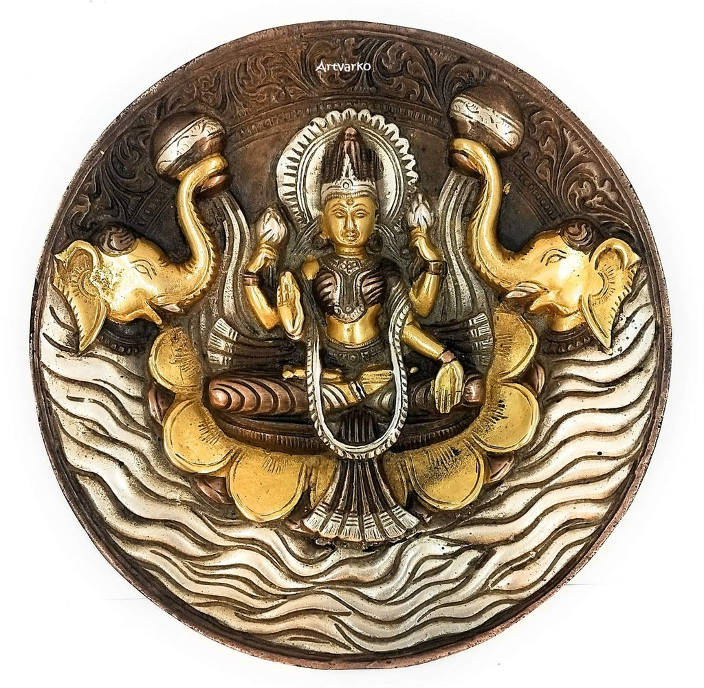 ARTVARKO Goddess Lakshmi Carved Brass Gajalakshmi Laxmi Devi Idol Entrance Door Wall Decor Hanging (Copper Gold & Silver Finish 7.5 Inch)