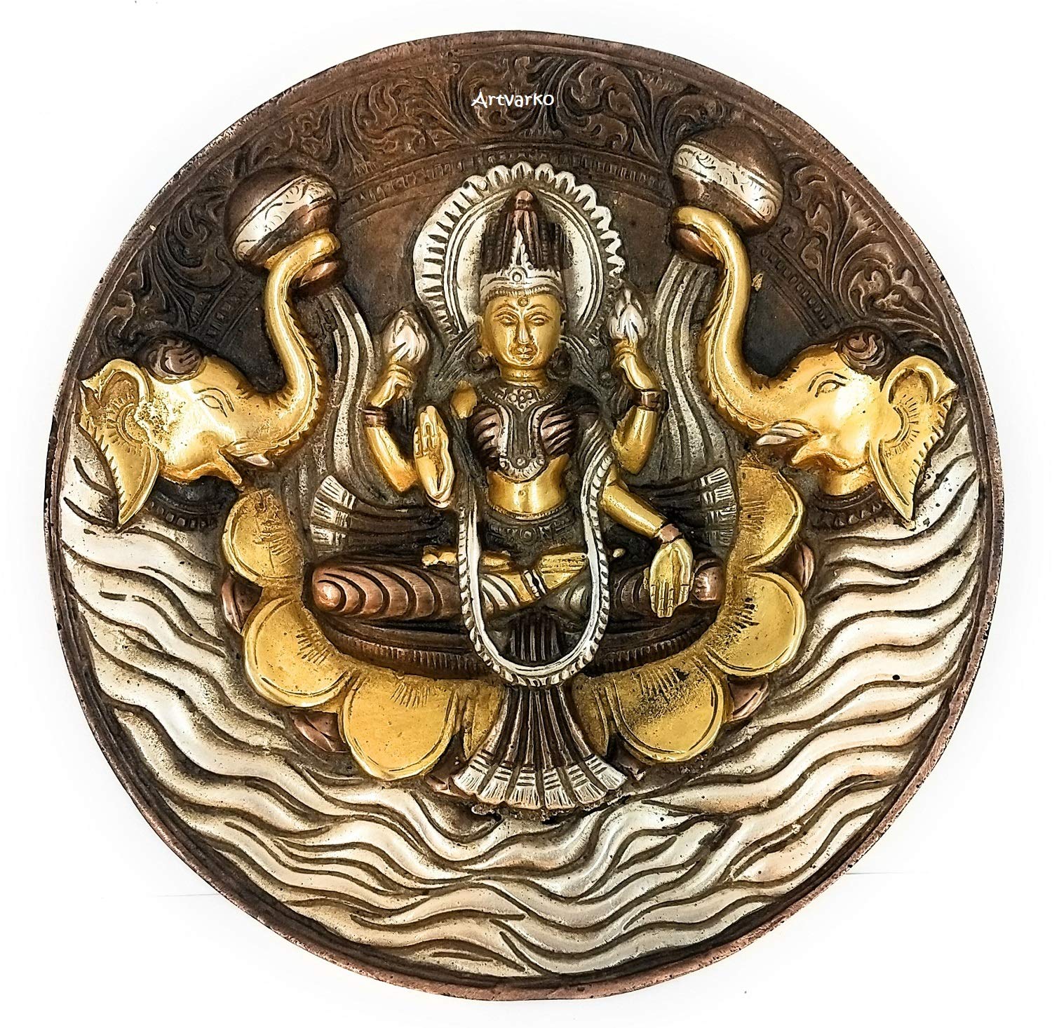 ARTVARKO Goddess Lakshmi Carved Brass Gajalakshmi Laxmi Devi Idol Entrance Door Wall Decor Hanging (Copper Gold & Silver Finish 7.5 Inch)