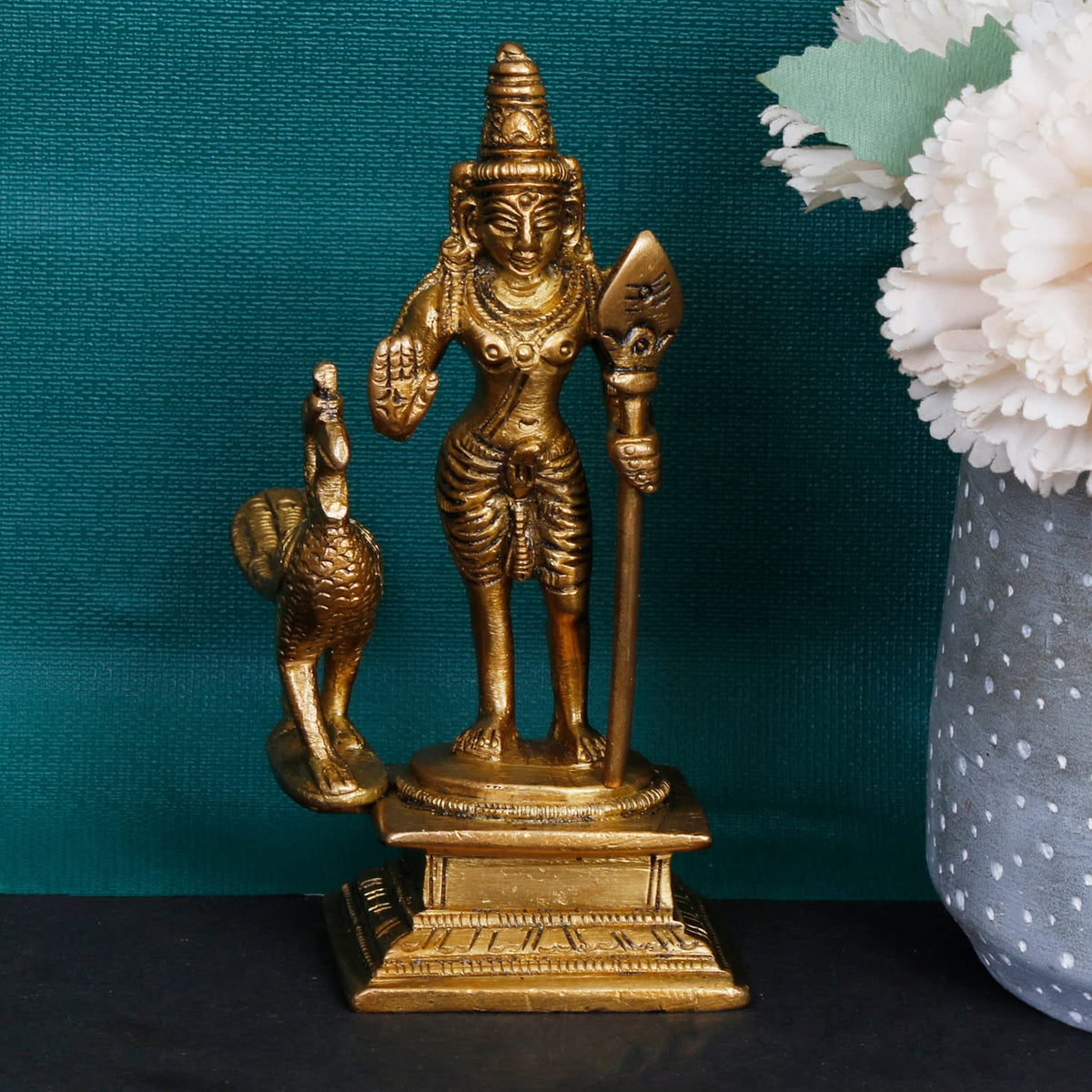 ARTVARKO Brass Lord Murugan Kartikeya Murugana Kumaraswamy Karthikeya Standing with Peacock Idol Swaminatha Skanda Murti Swami Ji Brass murti 4.5 Inch