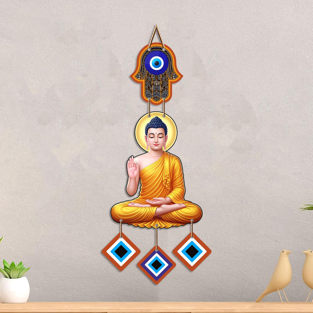 Artvibes Buddha Wall Hanging with Evil Eye Charms | Spiritual Wooden Decor Symbolizing Peace | Growth and Positive Energy | Decorative Hanging for Living Room | Meditation Room | Art Gift (WH_85101N)
