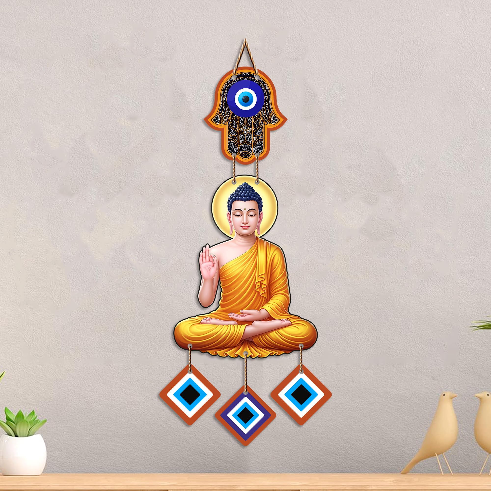 Artvibes Buddha Wall Hanging with Evil Eye Charms | Spiritual Wooden Decor Symbolizing Peace | Growth and Positive Energy | Decorative Hanging for Living Room | Meditation Room | Art Gift (WH_85101N)