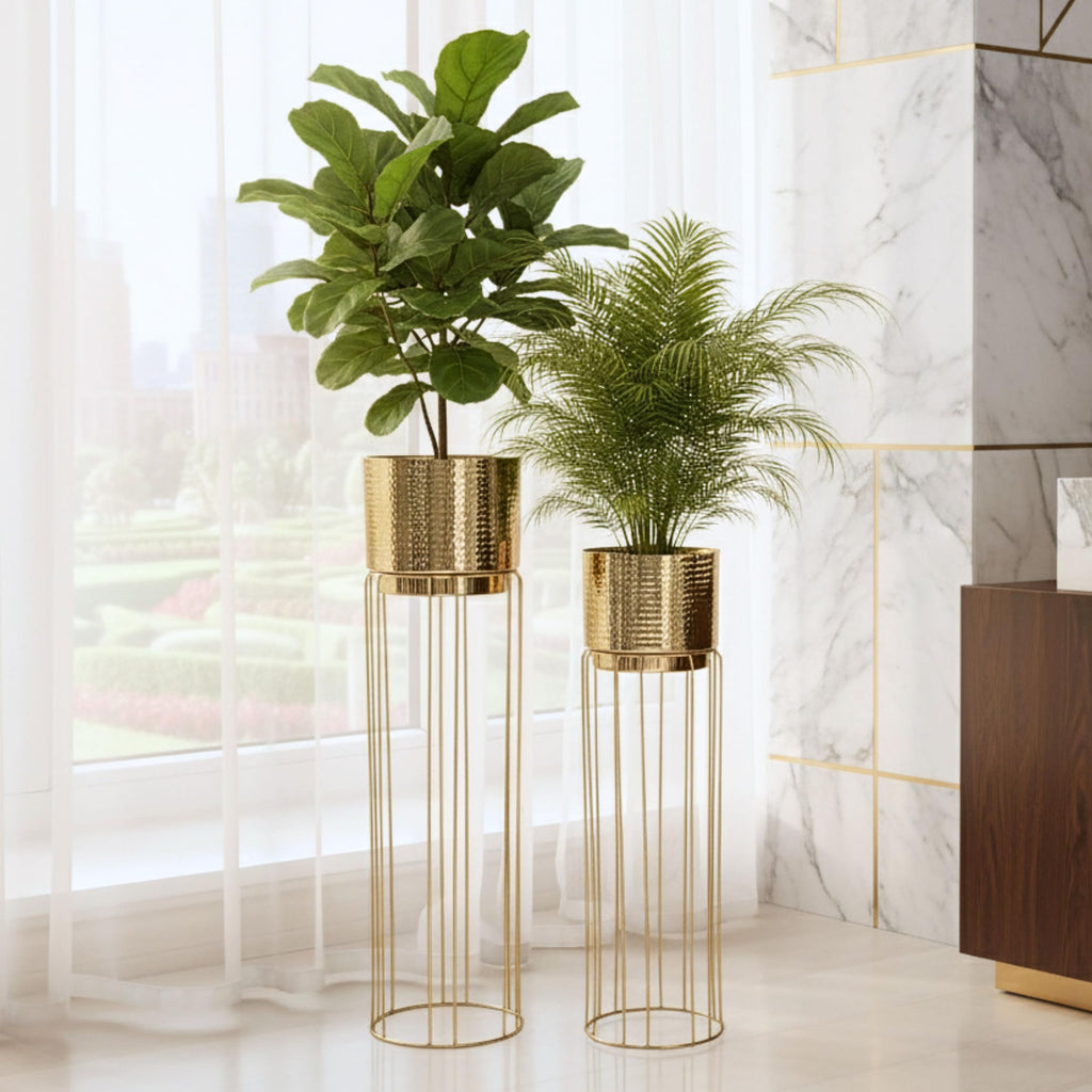 BEHOMA Gold Metal Floor Planters with Stand, Set of 2 - Living Room