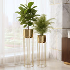 BEHOMA Gold Metal Floor Planters with Stand, Set of 2 - Living Room