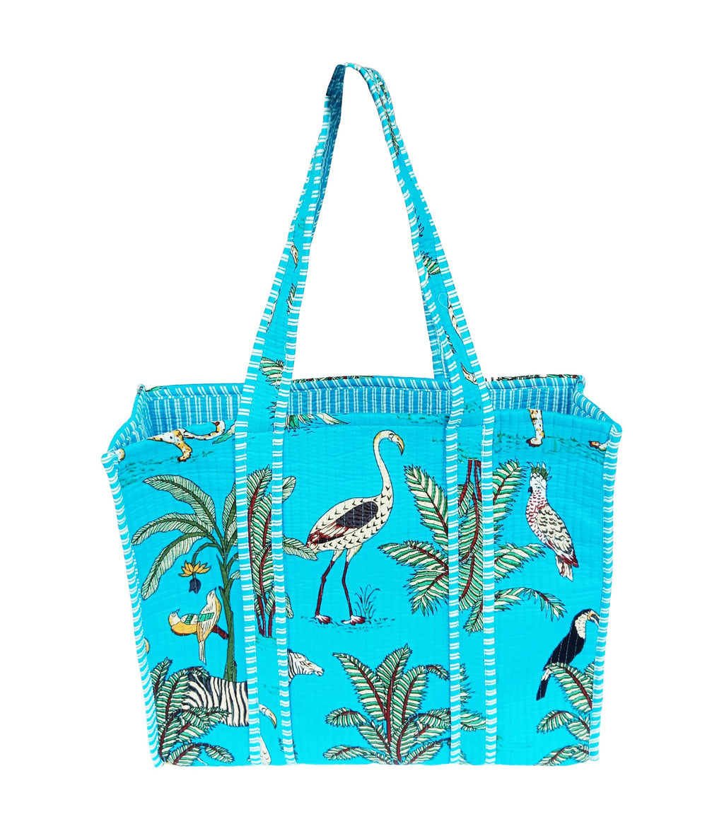 Rastogi Handicrafts Quilted Cotton Women Beautiful Printed Grocery Shopping Bag, Shoulder Bag, Tote Bag, Travel Bags, Turquoise, 18X6X15 Inch