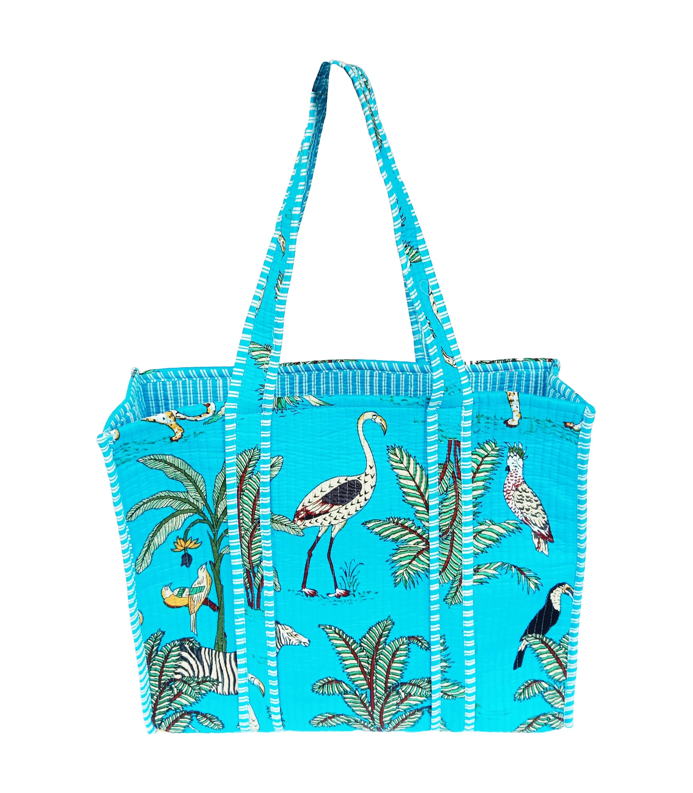 Rastogi Handicrafts Quilted Cotton Women Beautiful Printed Grocery Shopping Bag, Shoulder Bag, Tote Bag, Travel Bags, Turquoise, 18X6X15 Inch