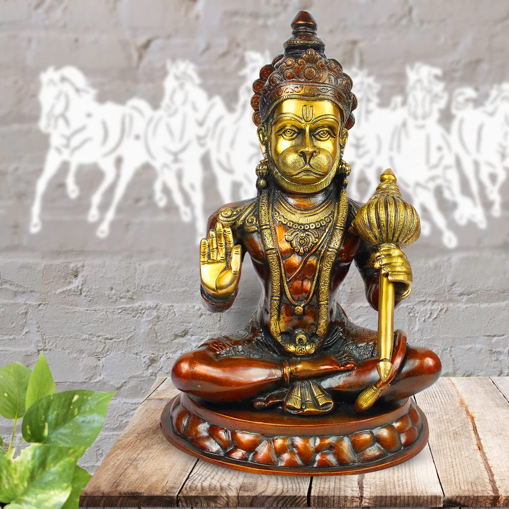 ARTVARKO Big Brass Lord Hanuman Ji Blessing with Gada on Shoulder Murti Bajrangbali Bhagwan Statue Height 15
