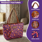 Storite Women’s Tote Bag with Pouch | Large Capacity Kashmir Blooms Printed Shoulder Handbag | Lightweight Travel Office Shopping College Carry Bag with PU Leather Handles - Purple