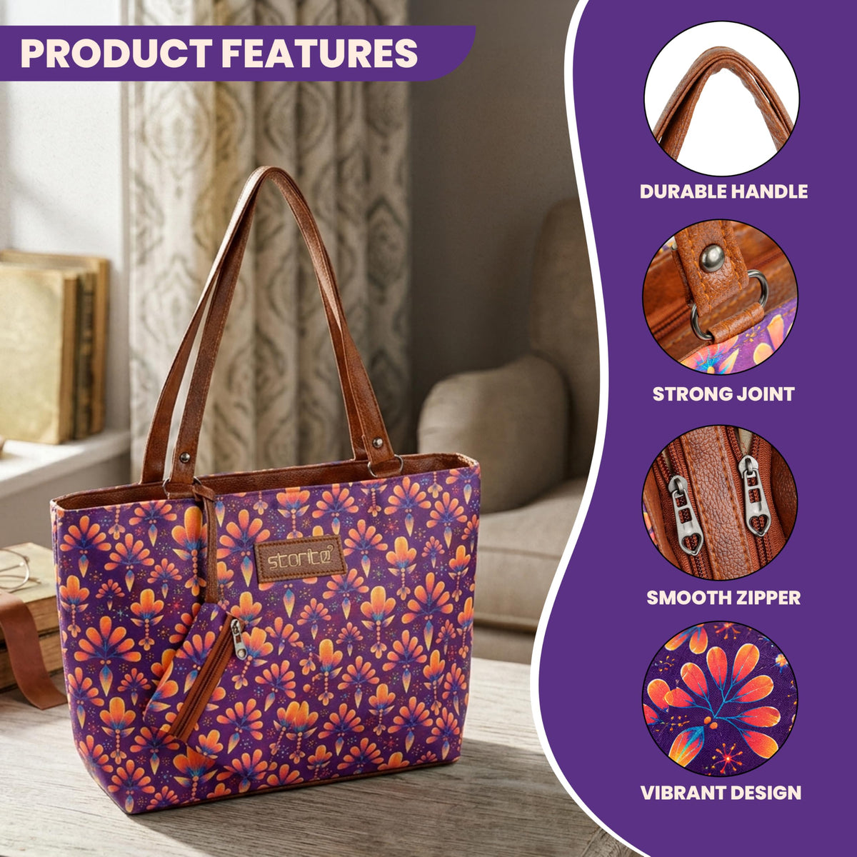 Storite Women’s Tote Bag with Pouch | Large Capacity Kashmir Blooms Printed Shoulder Handbag | Lightweight Travel Office Shopping College Carry Bag with PU Leather Handles - Purple