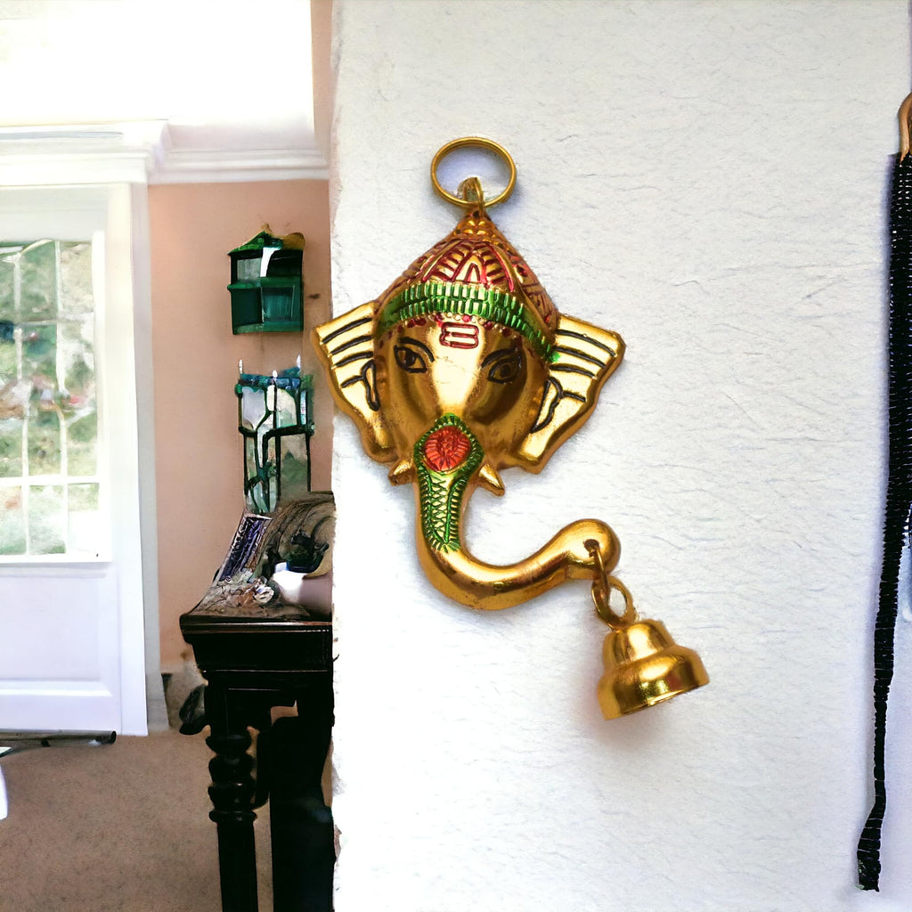 KridayKraft Aluminium Antique finish Ganesha Head with Bell Wall hanging