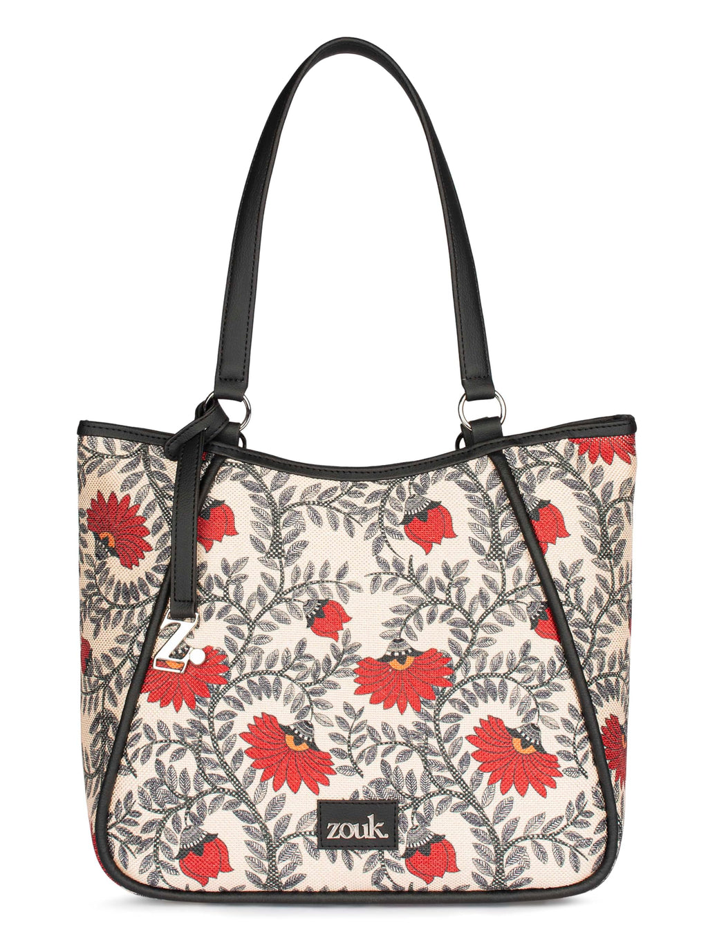 ZOUK Naisha Red & Beige Floral Tote Bag for Women | Vegan Leather Large Shoulder Handbag with Bottle Holder, Multiple Pockets & Water-Resistant Lining | Office, Travel & Daily Use | Nawabi Couture
