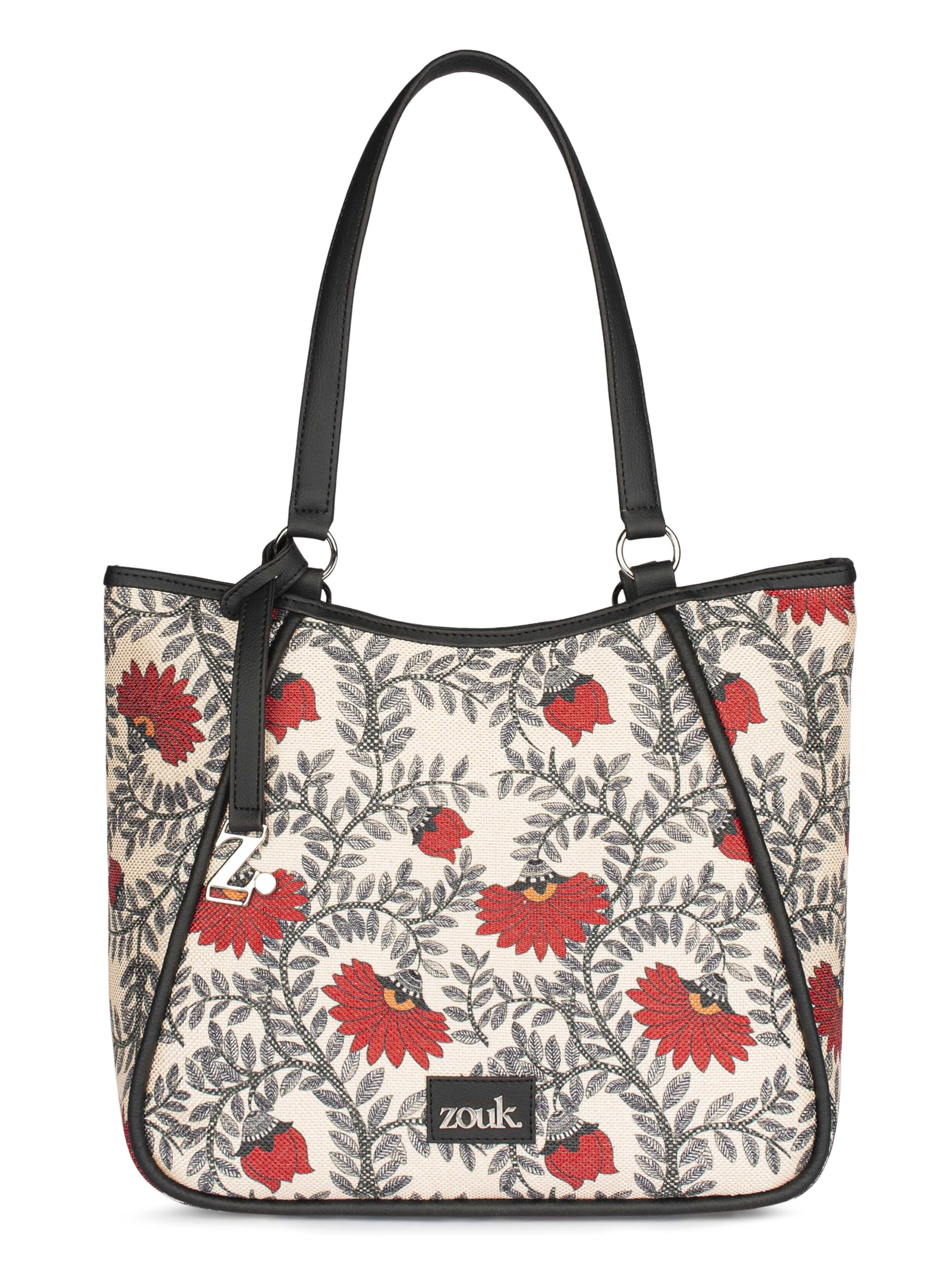 ZOUK Naisha Red & Beige Floral Tote Bag for Women | Vegan Leather Large Shoulder Handbag with Bottle Holder, Multiple Pockets & Water-Resistant Lining | Office, Travel & Daily Use | Nawabi Couture