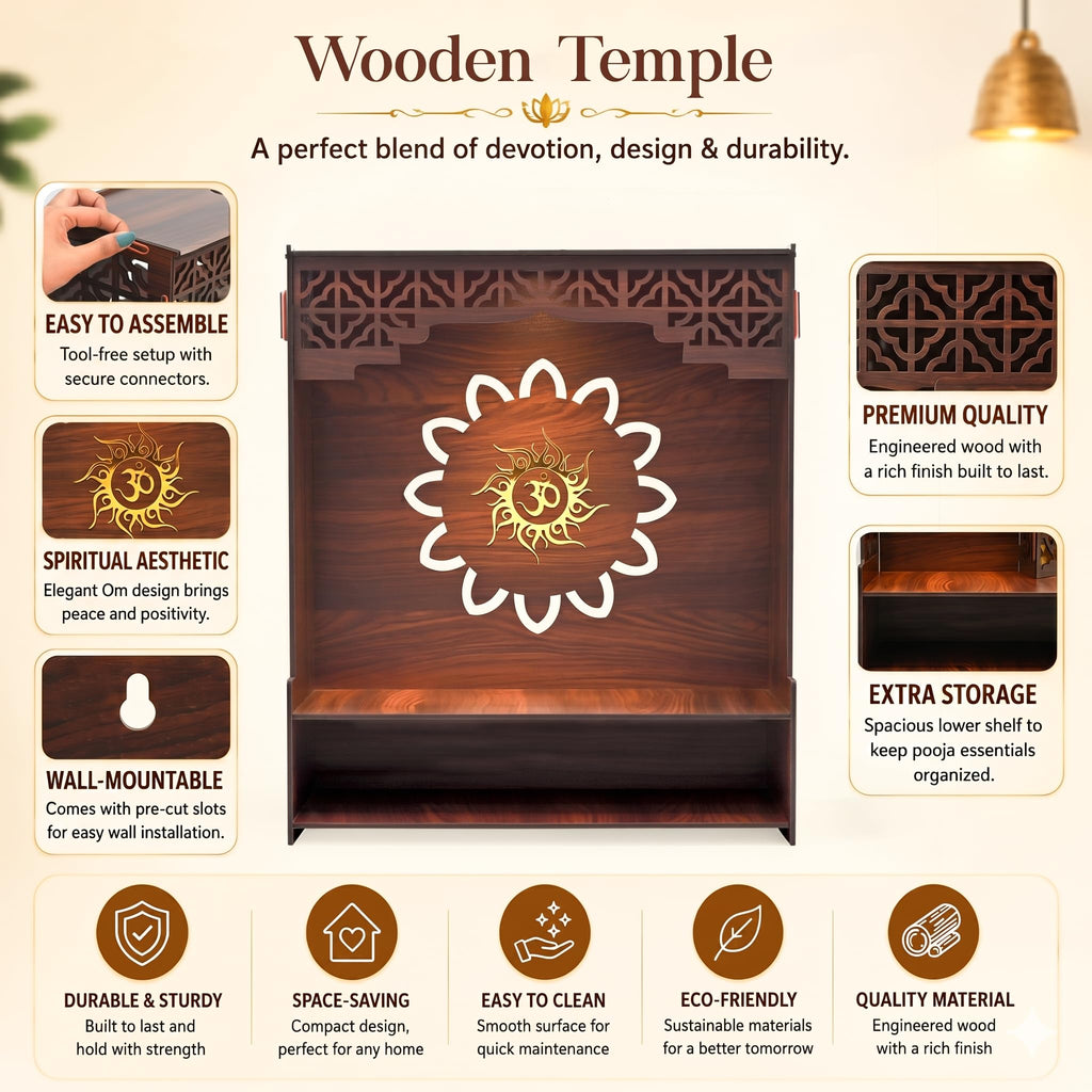 Gift Kya De GKD Wooden Beautiful Pooja Stand for Home Mandir | Temple for Home and Office Puja Mandir for Office Wall with LED Spot Light Product (H- 18, L- 16, W-8.75 Inch) (Big Om)