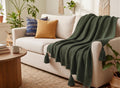 Furnistitchs Plain Solid Knitted Sofa Throw Blanket 50x60 inches / 125x150 cms| Cotton Plain Knit with Tassels | Aesthetic Bohemian Decorative Couch Throws for Living Room & Bedroom (Olive Green) Kafalo