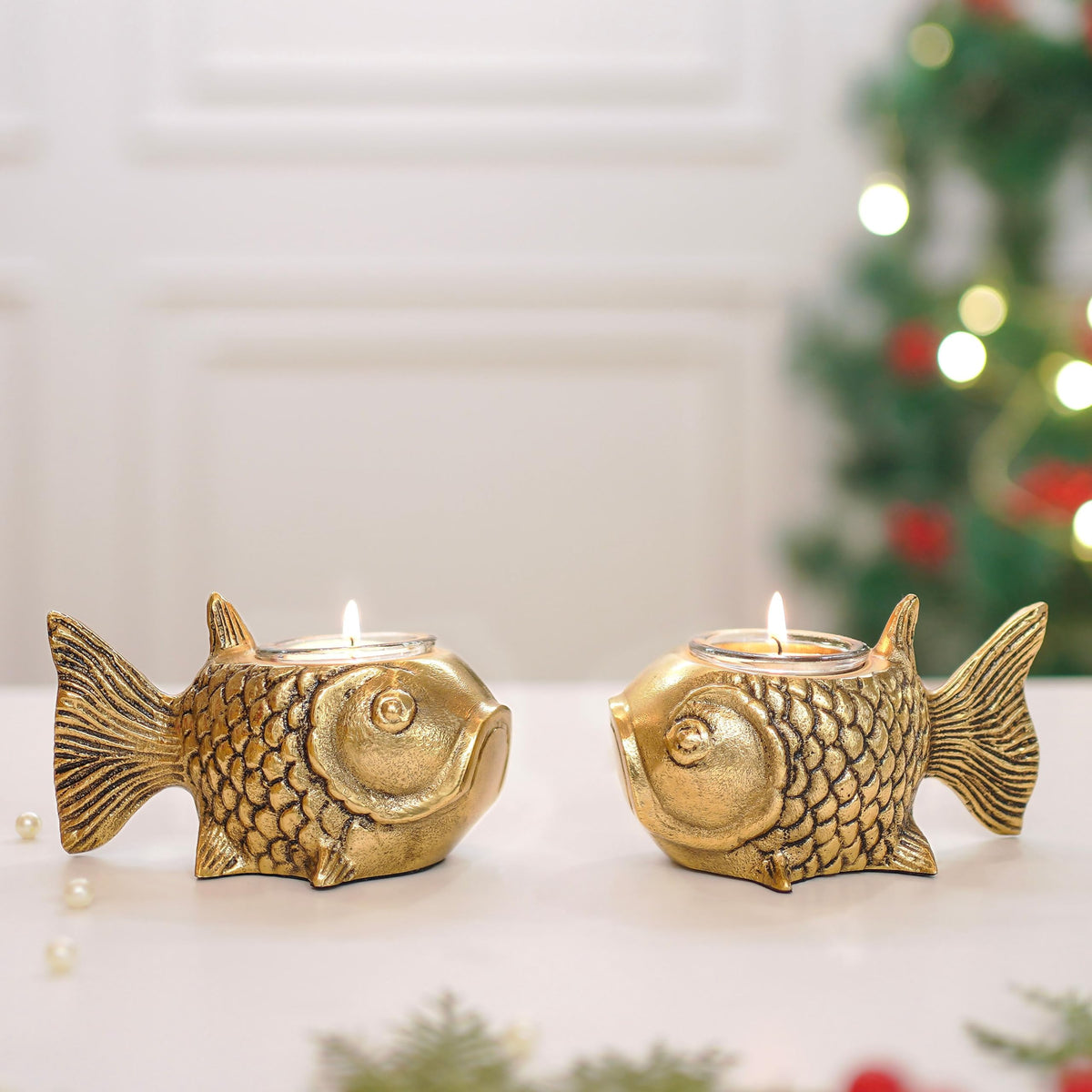 BEHOMA Metal Fish Aluminum Figurine with Votive, Gold, 13.5 cm