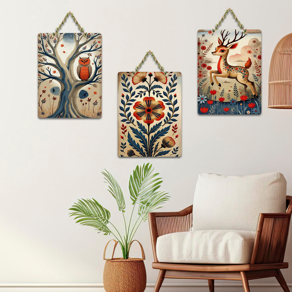 Artvibes Nature Theme Wall Art Wooden Art Decoration Item for Home | Graphic Artwork | Door Decoration Items | Paintings For Wall | Wall Poster | Handcrafted Art | Unique Gift (WH_96101N), Set of 3