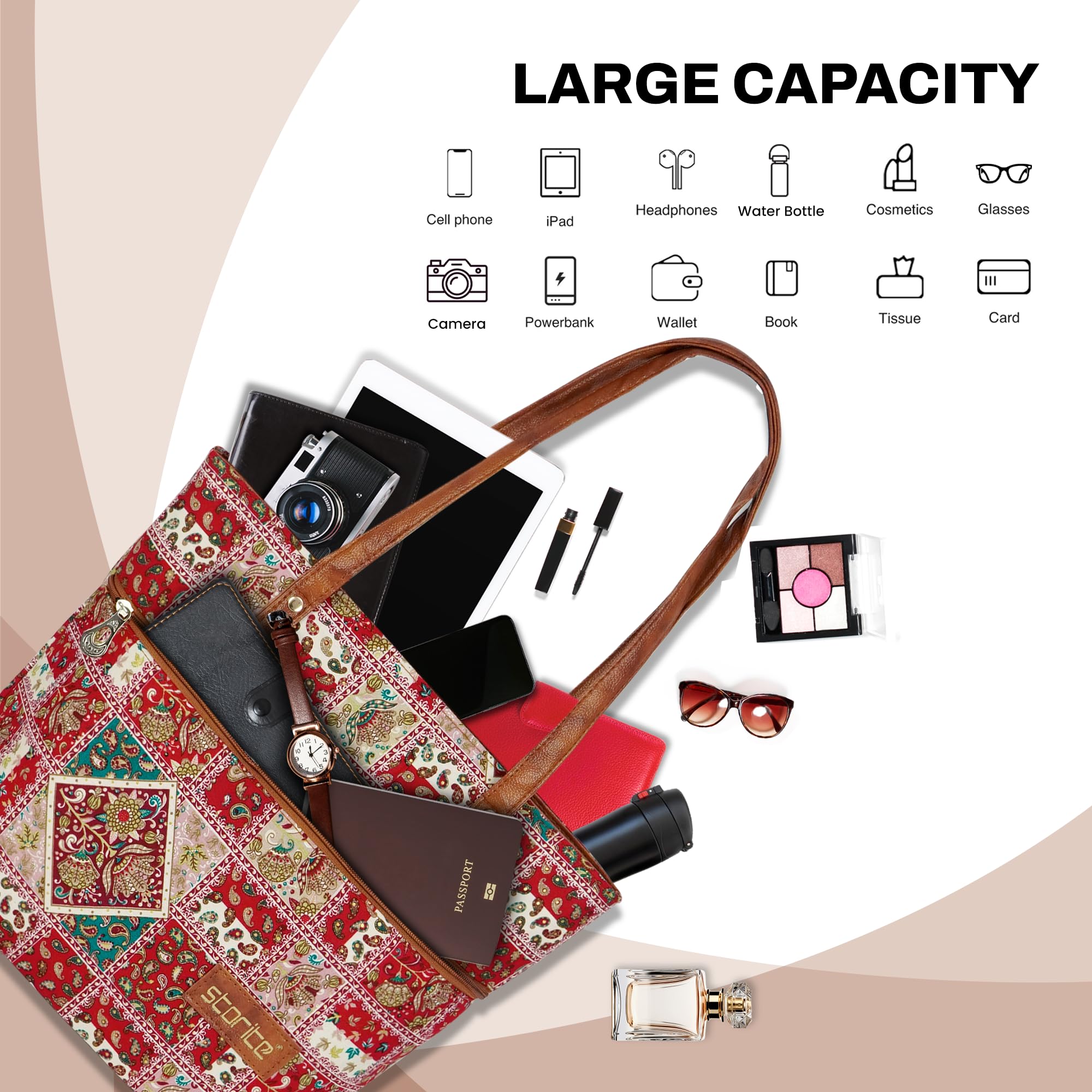 Storite Women's Tote Bag with Leather Handles & Embroidery Printed Handbag with Zip Pockets, Shoulder Tote Bag and Handbag for Office and College - (30x28x9.5 cm, Red)