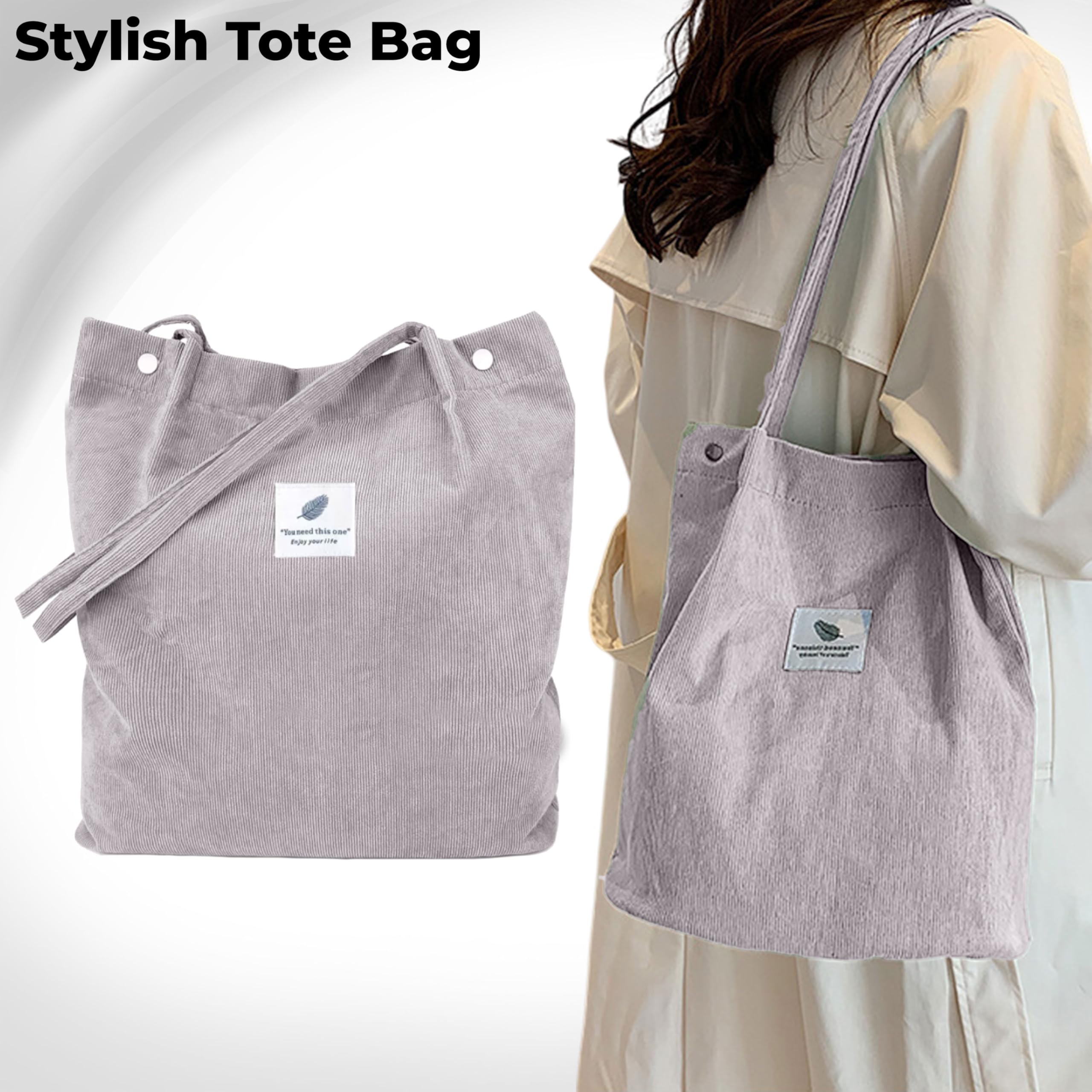 Kraptick Canvas Tote Bag for Women with Zipper - Aesthetic & Spacious Shoulder Handbag for Office, College, Travel & Shopping - Durable Tote Bag with Inner Pocket (Grey)