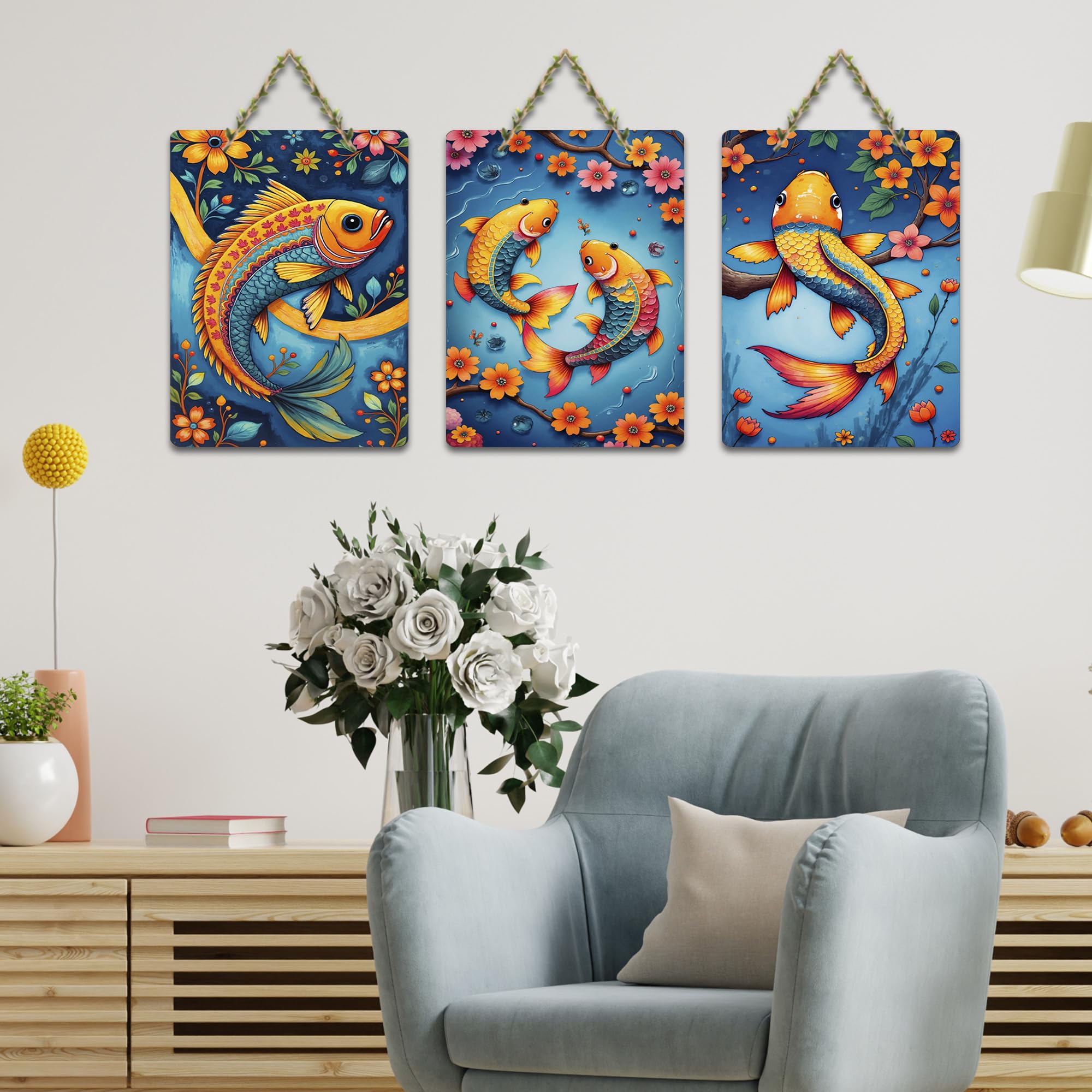 Artvibes Colorful Fish MDF Wood Wall Hanger Ornaments | Art For Wall | Modern Art Paintings | Wall Poster | Graphic Art | Gift Items | Office Wall Decoration Items (WH_9667N), Set of 3