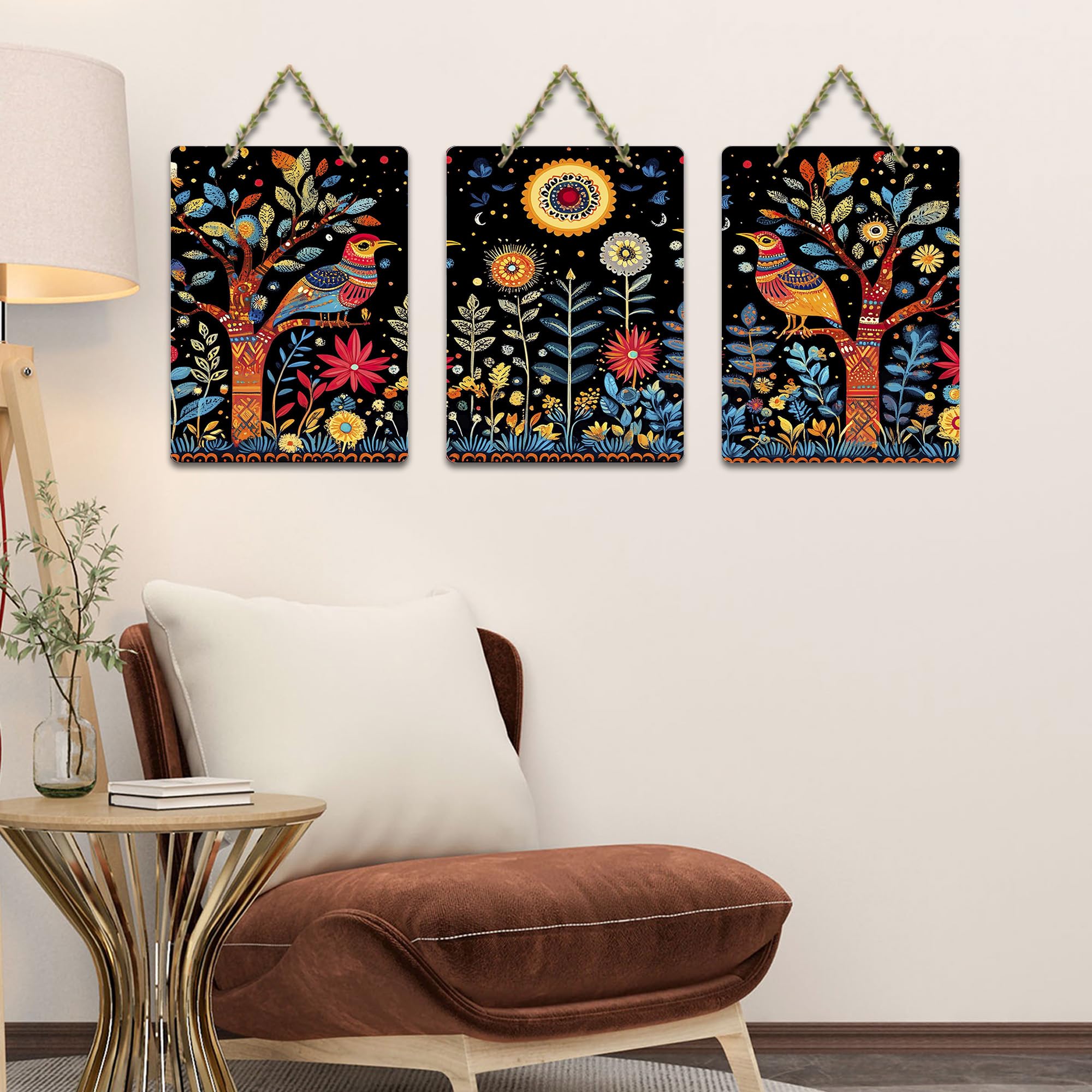 Artvibes Colorful Birds Floral Motifs & Gorgeous Trees Decorative MDF Wooden Wall Art for Home | Wall Accent | Sceneries | Wall Illustrations | Graphic Artwork | Unique Gift Items (WH_9679N), Set of 3