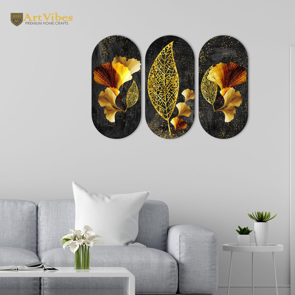 Artvibes Golden Leaf Auspicious Wooden Art Work Wall Hanging For Good Luck Properity Vastu | Spiritual Decor Items | Paintings | Wall Illustrations| Modern Decor Item | Ideal Gift (WH_9001N), Set of 3