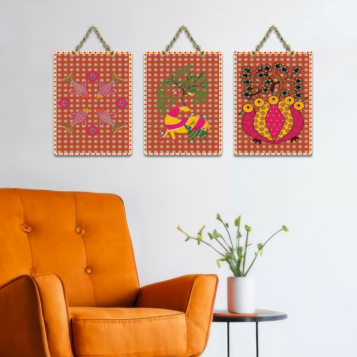 Artvibes Madhubani Inspired Ethnic Village Life Art Decorative Wall Art MDF Wooden Wall Hanger for Home | Printed Wall Decoration | Wall Illustrations | Graphic Art | Gift Items (WH_9676N), Set of 3