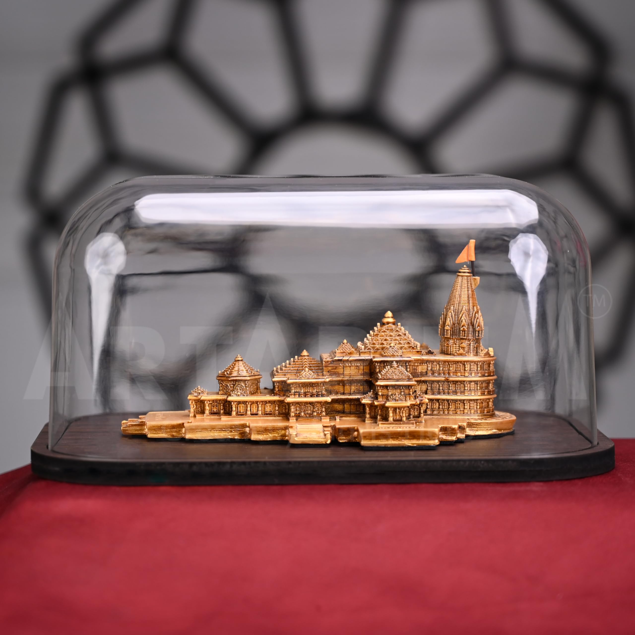 Artarium Ayodhya Ram Mandir Replica with Acrylic Cover & Wooden Base (6 Inch), Shree Ram Janmabhoomi Temple Model Decorative Showpiece for Home Decor, Pooja Room, Office Table & Spiritual Gift