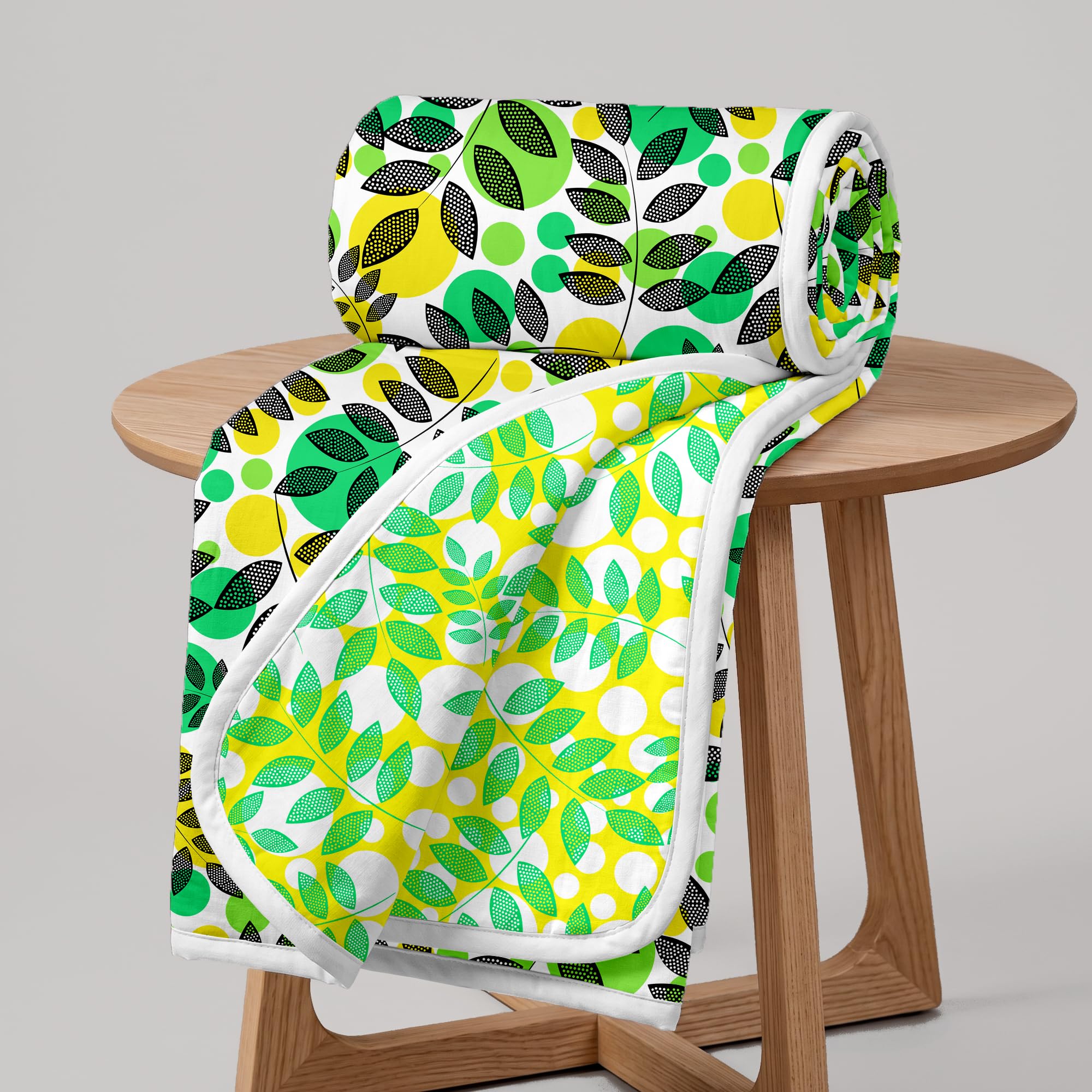 Divine Casa 120 GSM Microfiber Single Dohar | Soft & Lightweight Throw Blanket | Cozy & Breathable | All-Season Comfort | 210 x 140 CM | Tropical Leaf Pattern | Green & Yellow Kafalo