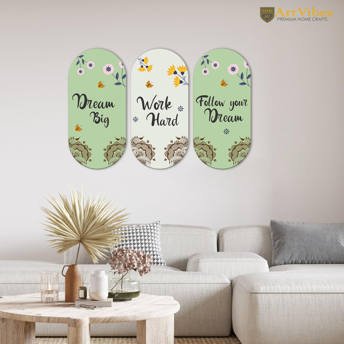 Artvibes Work Hard Motivational Quote Wall Hanging Decoration for Home | Gifts | Wooden Decorative Hanger | Mdf Decoration for Living Room | Artworks | Modern Decor Items (WH_9024N), Set of 3