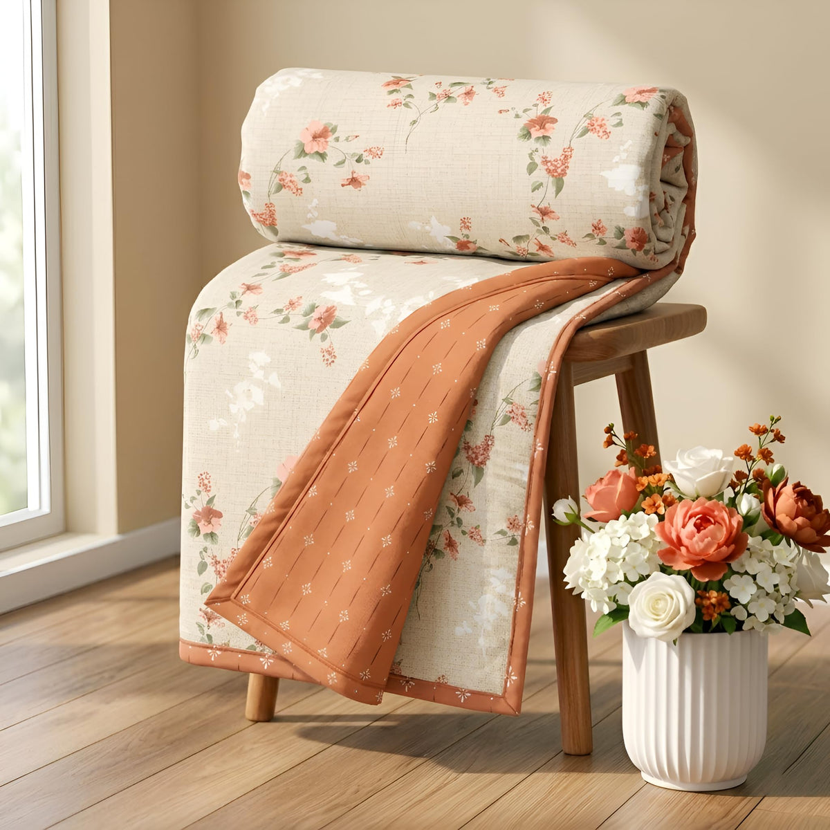 SANMARINO Premium Cotton Reversible Single Bed Dohar, Soft Breathable & Lightweight Floral Printed Design AC Quilt | All Season Blanket for AC Room & Mild Winter Use | 152x228 cm (Peach Blossom Beige) Kafalo