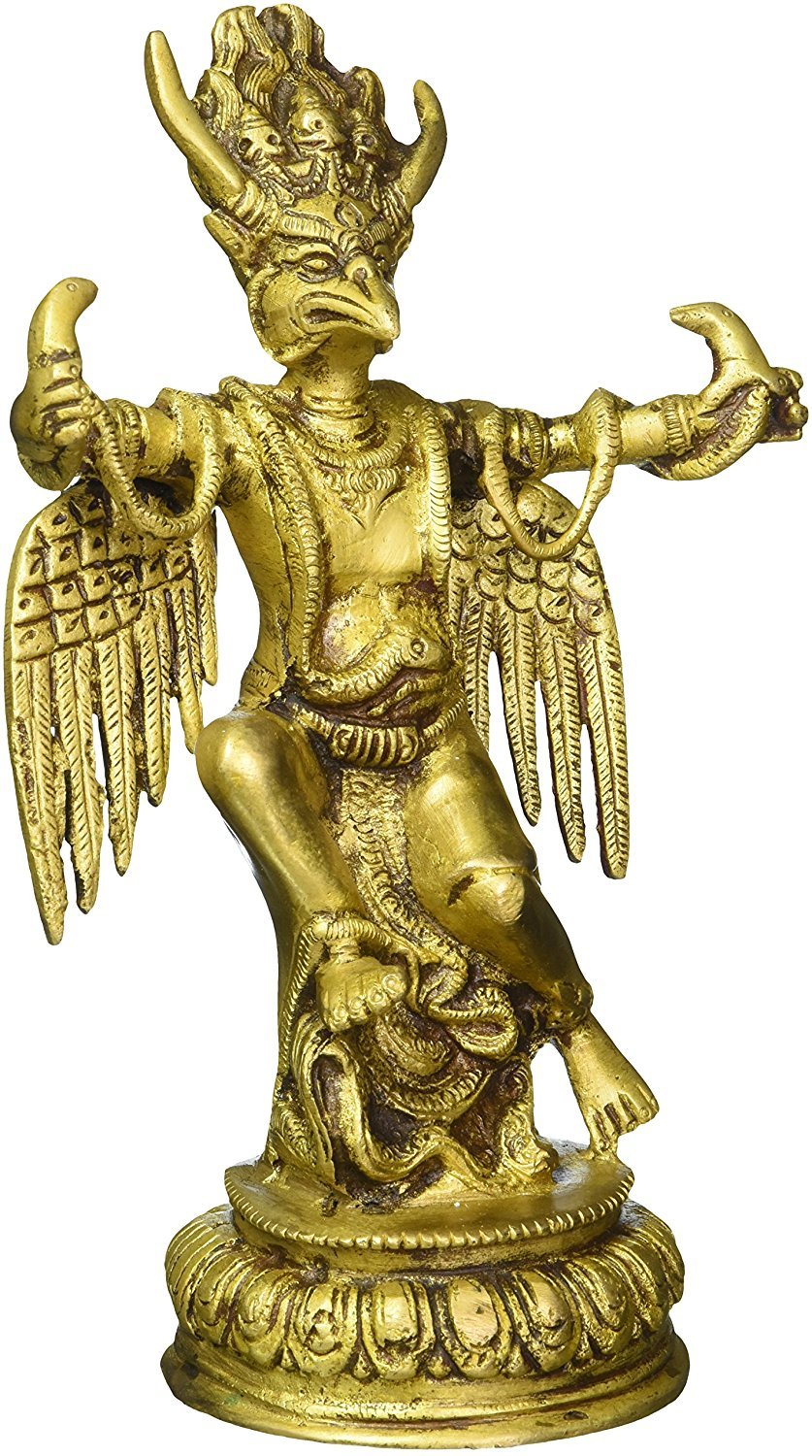 ARTVARKO Brass Lord Vishnu Vehicle Garuda Holding Snakes Statue for Blessing Health Happiness and Stability at Home & Office | Height 8
