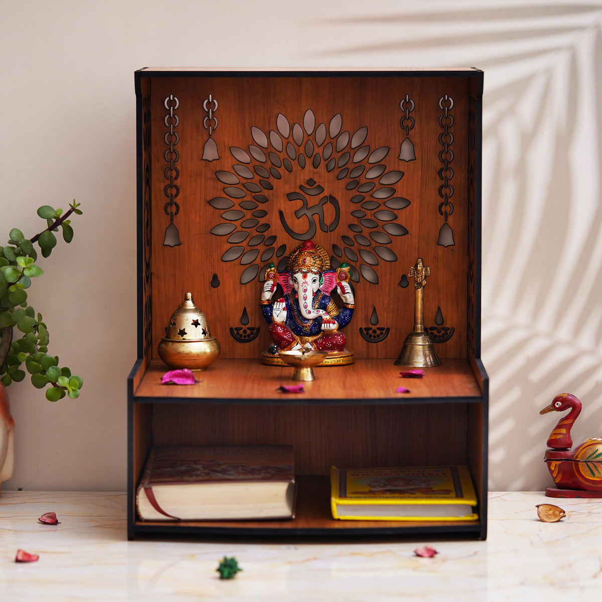 KamlaArt OM Wooden Temple Beautiful MDF Wooden Temple/Pooja Mandir for Home and Office/Wall Mounted Temple Home Decor Temple (15.35 Inches) Brown