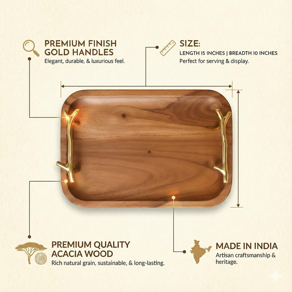 CentraLit Decorative Acacia Wooden Tray for Serving - Dining Table Accessories & Kitchen Organizer Serving Trays - Luxury Wooden Tray| Gold Handles for Home Decoration (Twig Handles)