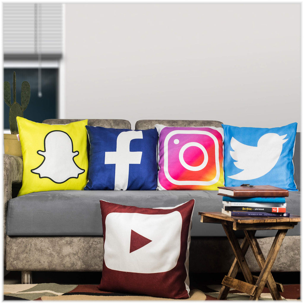 Vendola Satin 250TC Sofa Cushion Pillow Covers, Multicolor, Set of 5 Cushion Covers (16X16 Inches, Social Media)