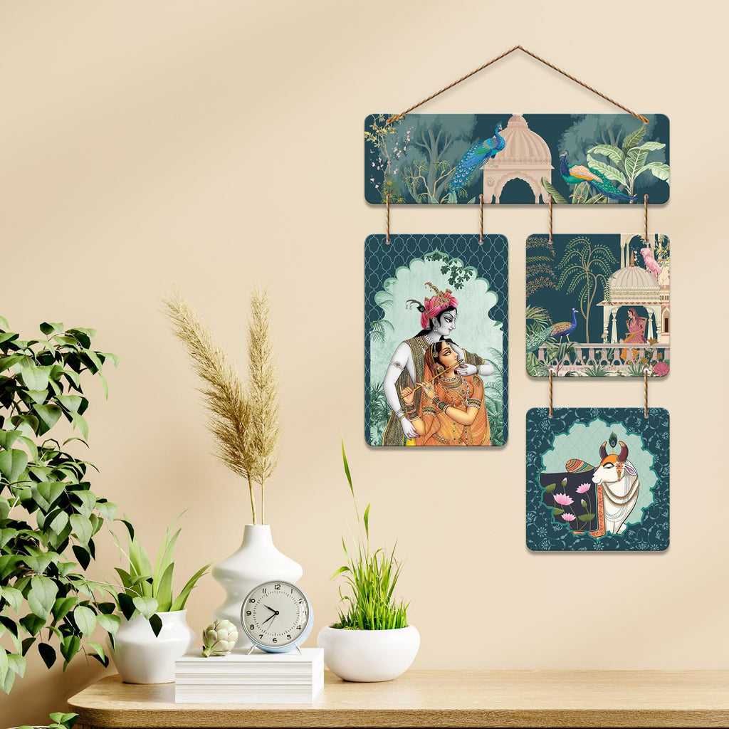Artvibes Indian Devotional Pichwai Art Shri Radha & Krishna Wooden Wall Hanger for Home | Spiritual Decor Items | Wall Poster | Artwork| Stylish Modern Decor Item | Gift Items (WH_6532N)