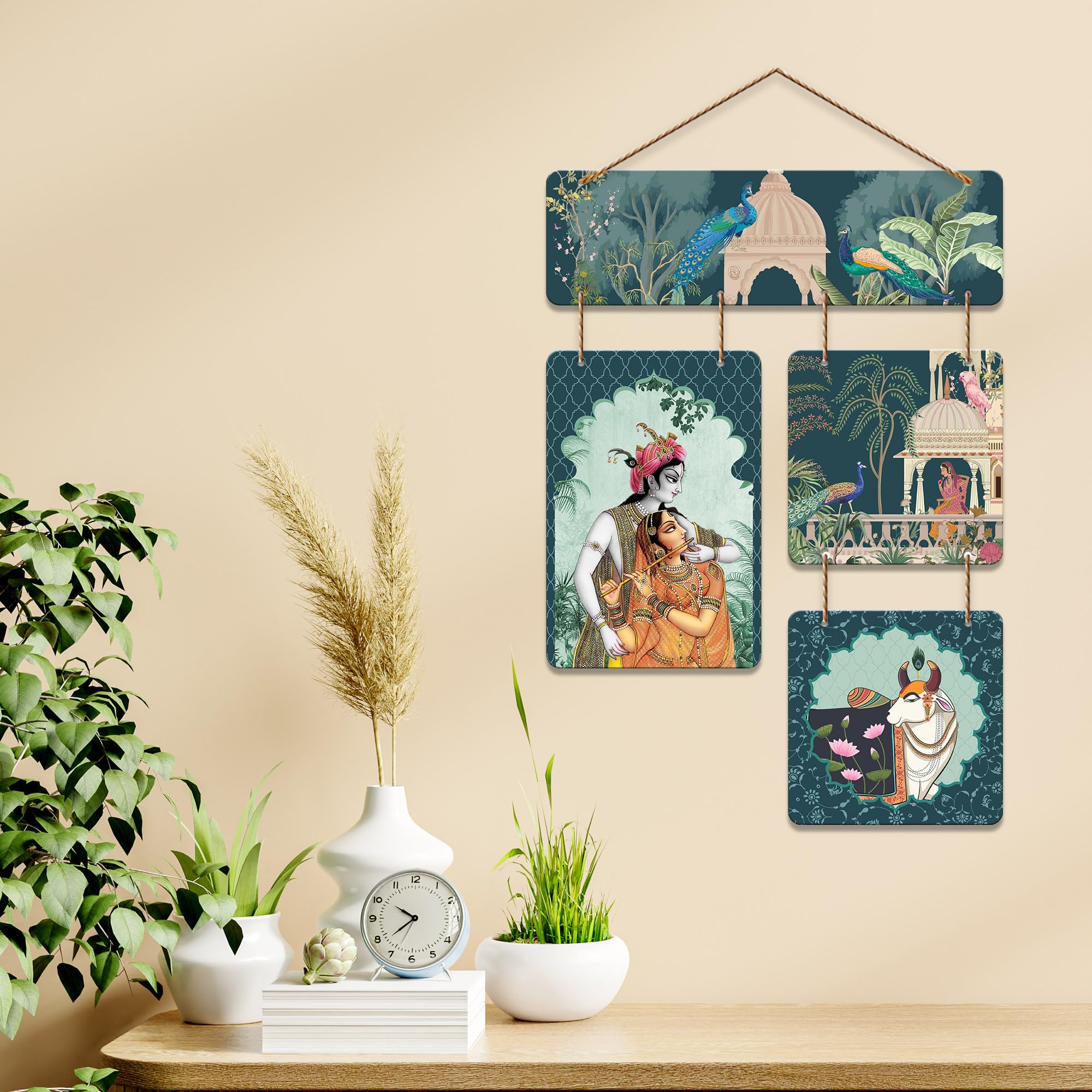 Artvibes Indian Devotional Pichwai Art Shri Radha & Krishna Wooden Wall Hanger for Home | Spiritual Decor Items | Wall Poster | Artwork| Stylish Modern Decor Item | Gift Items (WH_6532N)
