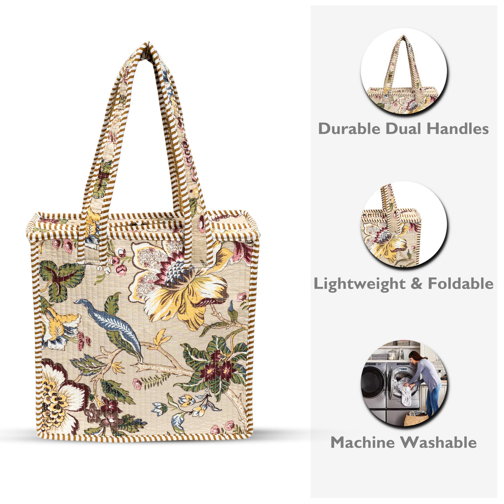 Cotton Quilted Tote Bag for Women | Lightweight Reusable Shoulder Handbag | Durable Eco-Friendly Shopping Bag | Large Capacity Travel, Office & Daily Use Carry Bag | Stylish Utility Tote (Bird)
