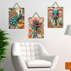 Artvibes Nature Harmony Artistic Elephant Floral Peacock & Rose Designer Wooden Wall Hanger for Home Decor | Wall Accent | Sceneries | Wall Poster | Graphic Artwork | Gift Items (WH_9639N), Set of 3