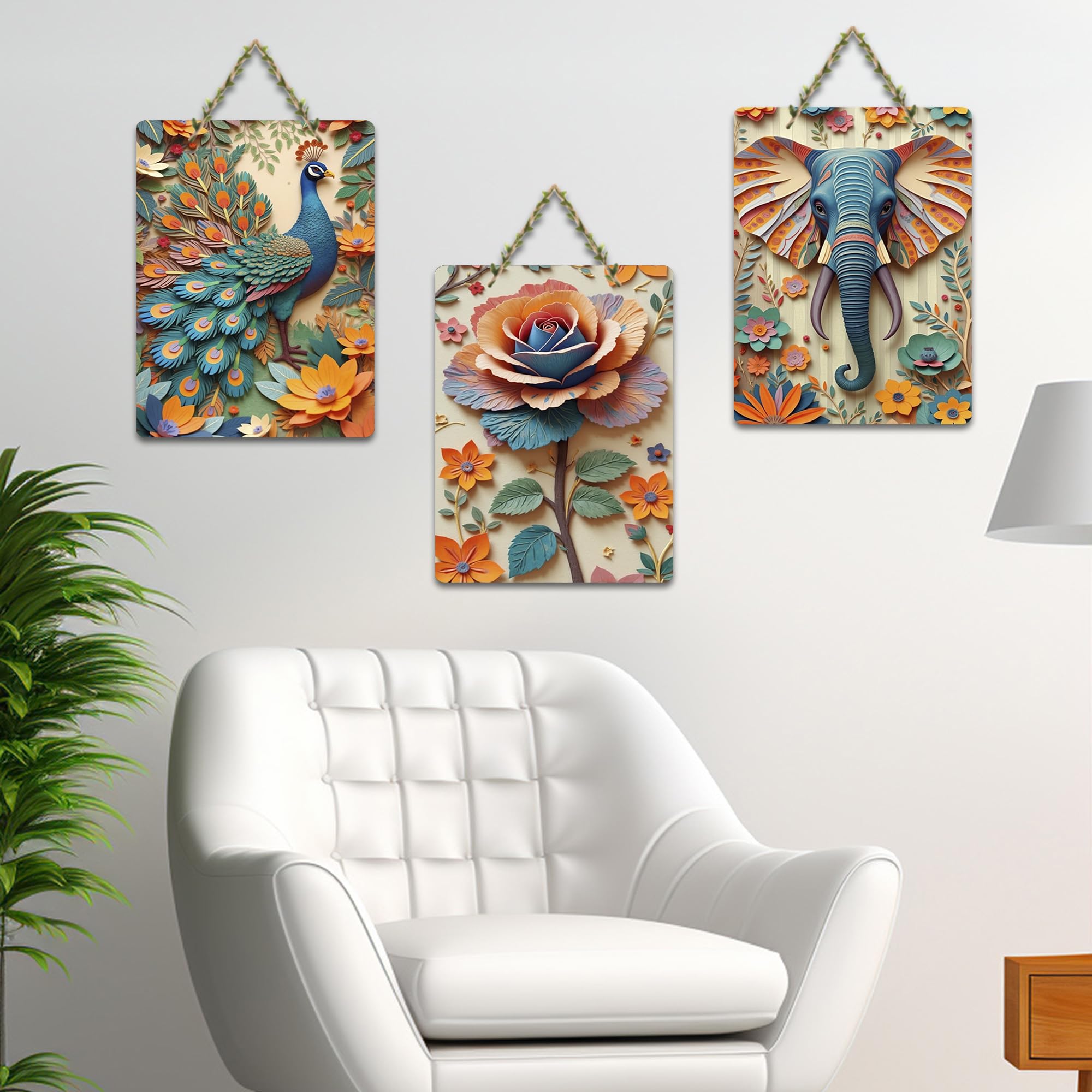 Artvibes Nature Harmony Artistic Elephant Floral Peacock & Rose Designer Wooden Wall Hanger for Home Decor | Wall Accent | Sceneries | Wall Poster | Graphic Artwork | Gift Items (WH_9639N), Set of 3
