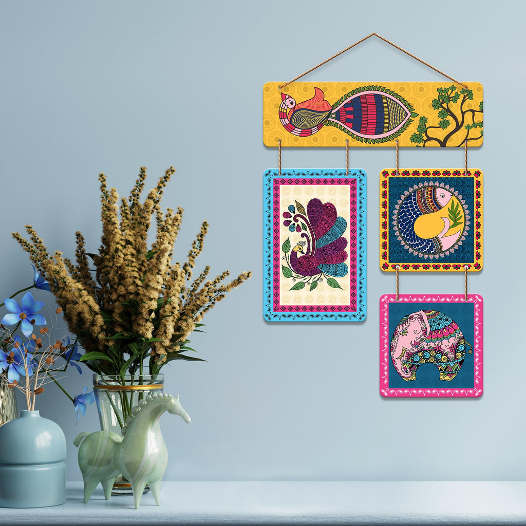 Artvibes Artistic Bird & Elephant Traditional Indian Folk Art Decorative Wall Hanging Ornaments | Printed Wall Decoration | Graphic Artwork | Wall Art Print | Sceneries | Unique Gift Items (WH_6534NN)