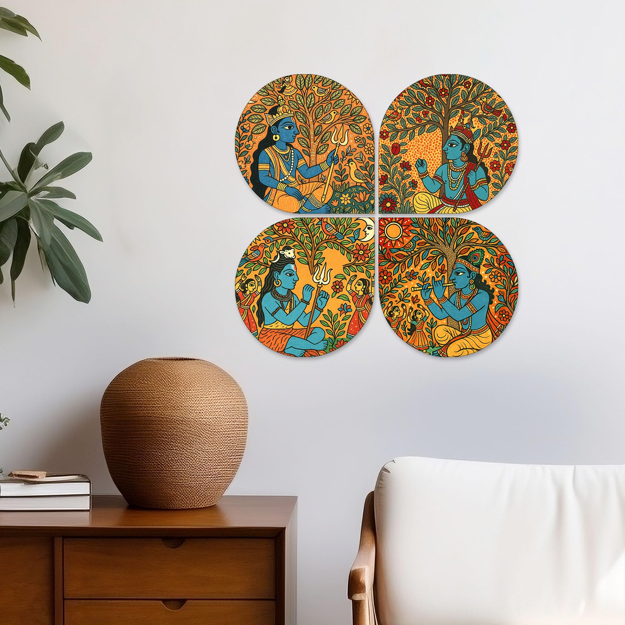 Artvibes Indian God Madhubani Art Decorative Wall Art MDF Wooden Wall Hanger for Home | Living Room | Scenery For Drawing Room | Wall Poster | Artworks Hangings | Unique Gift (WH_8450N), Set of 4