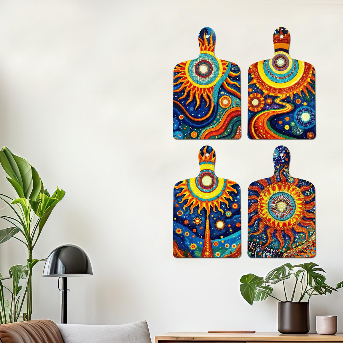 Artvibes Cosmic Sun & Galaxy Art Decorative Wall Art MDF Wooden Wall Hanger for Living Room | Festive Decor Art | Wall Sculpture | Scenery | Aesthetic Wooden Decor | Ideal Gifts (WH_5657N), Set of 4