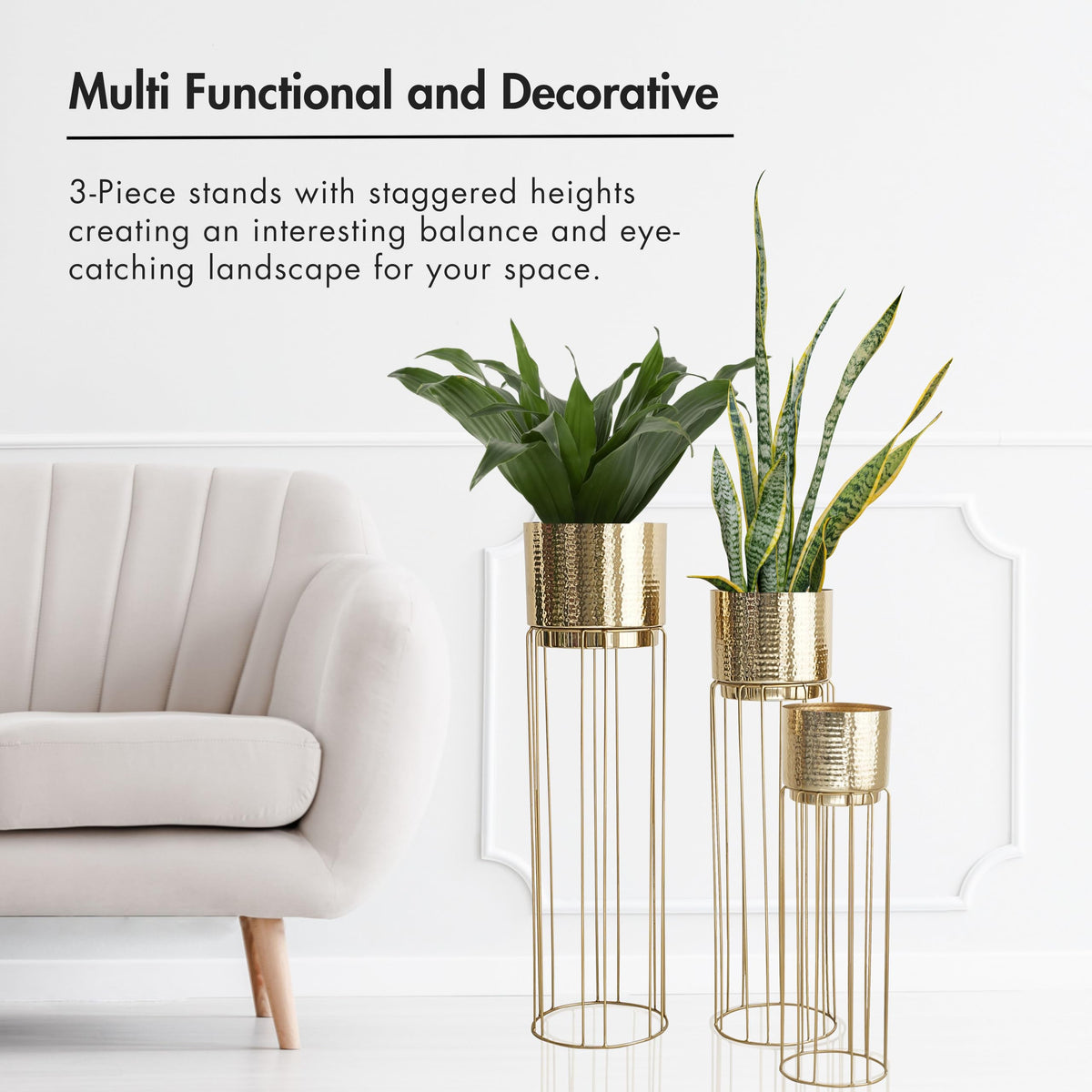BEHOMA Gold Metal Floor Planters with Stand, Set of 3 - Living Room