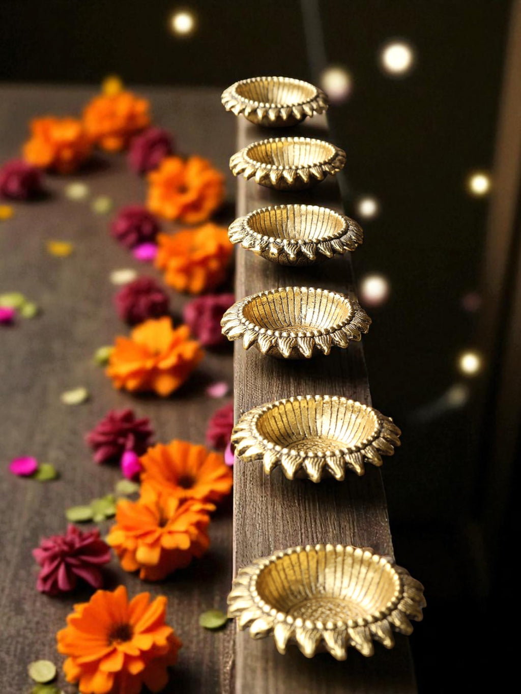 Kridaykraft Decorative Sunflower Diya Set, Gold-Plated Metal, Pack of 6 Pcs, Traditional Festival Lights