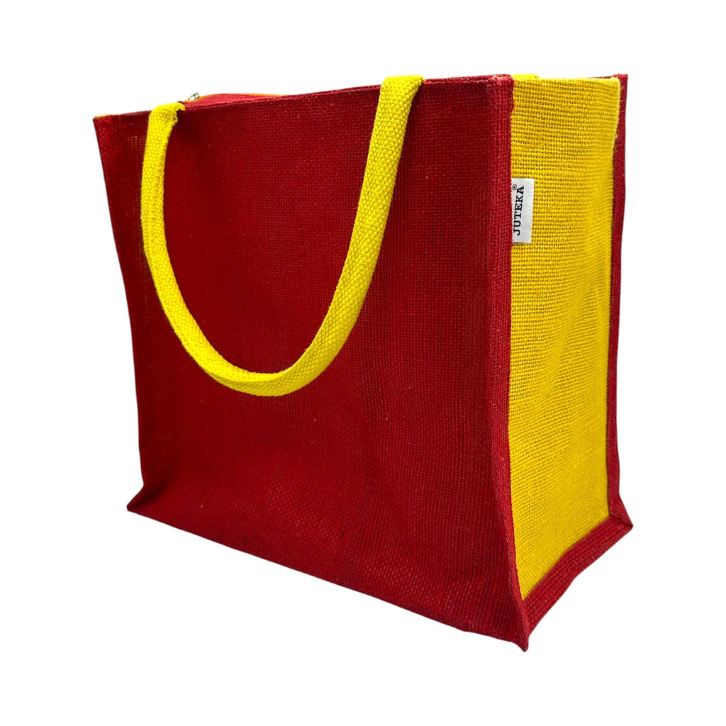 JUTEKA Multicolor Jute Bag for Shopping, Lunch, Tiffin, Grocery with Zip Closure and Padded Cotton Handles… (Red)