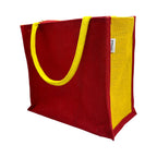 JUTEKA Multicolor Jute Bag for Shopping, Lunch, Tiffin, Grocery with Zip Closure and Padded Cotton Handles… (Red)